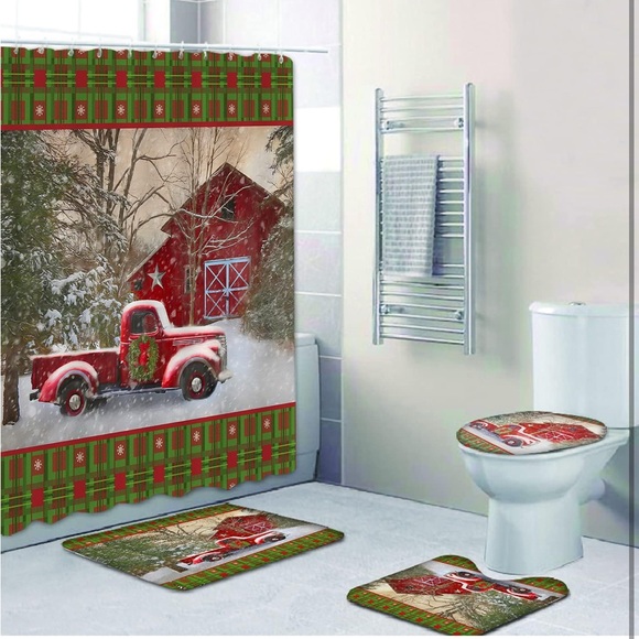 Christmas🌲Shower🚿Curtain Set with Bath🛁Mat (Red House🏡& Truck🛻) - Picture 4 of 10